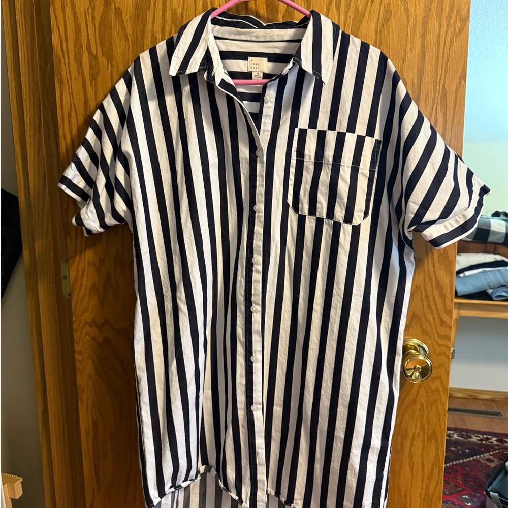 a new day Navy and White Vertical Stripe Short-Sleeve Button-Up Shirt Dress